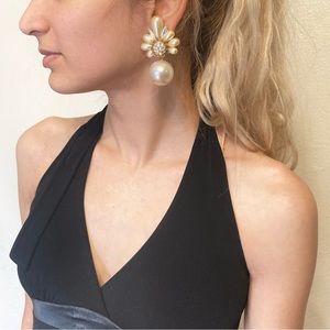 80's Unsigned Aurora Borealis Faux Pearl Statement Clip On Earrings